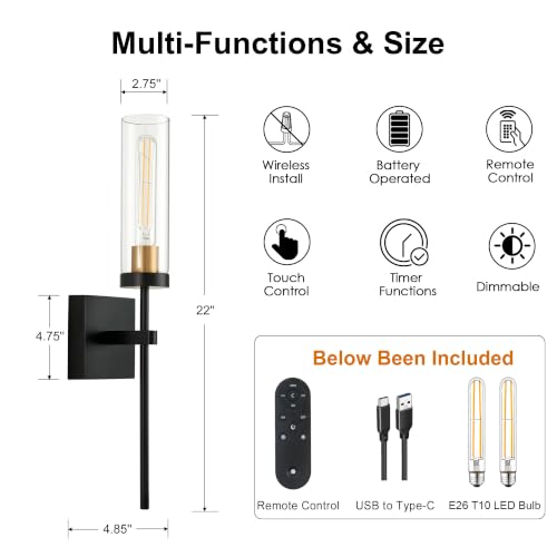 Image of SANTOSTOCK Battery Operated Wall Sconce Set of 2, Black & Gold Wireless Sconces Wall Decor, Rechargeable Wall Lights for Bedroom Living Room Entryway Bathroom Hallway Stairwell