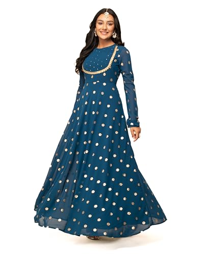 Image of FIORRA Women's Fit and Flare Floor Length Georgette Printed Gown with Dupatta