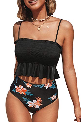 CUPSHE Damen Bikini Set Bandeau Gesmokte Bademode Rüschen Blumenmuster...