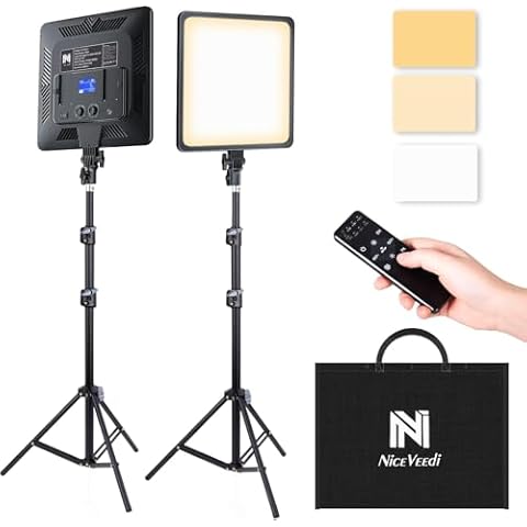 2-Pack 48W Video Light Kit, NiceVeedi 2700-8500K Dimmable Bi-Color CRI 97+ Photography Light with Remote Control&79" Tripod Stand, Professional Studio Light for Studio, YouTube Video Cover