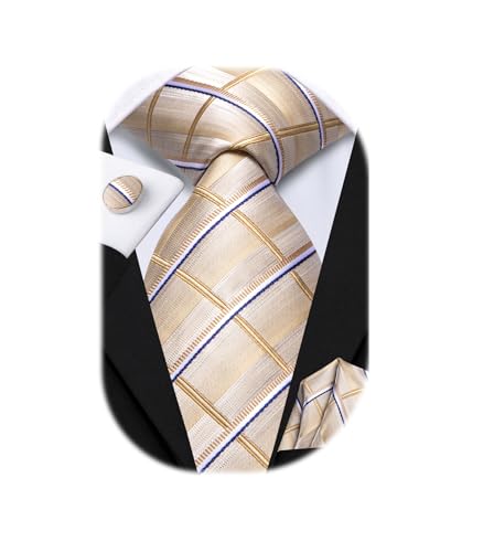 Image of Hi-Tie Men Ties Sets Silk Stripe Paisley Necktie Pocket Square Cufflinks for Business Wedding