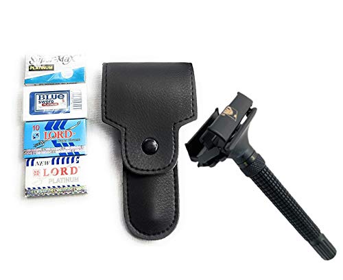 GBS Black Double Edge Safety Razor Comes with Leather case and 25 blades! Traditional Double Edge Best Razor for Men or Women - Double Edge Shaving Blades with Refills. Rust Free and Unbreakable