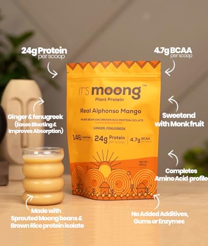 Image of It's Moong Mung Bean & Brown Rice Isolate Plant Protein Powder for Men & Women| 24gms per serve 4.7gms BCAA| Real Alphonso Mango | 500gms | Sprouted Plant based protein| All essential Amino Acids