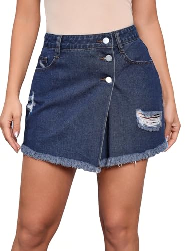 Women's High Waisted Wrap A Line Denim Skirt Button Raw Hem Jean Skirt