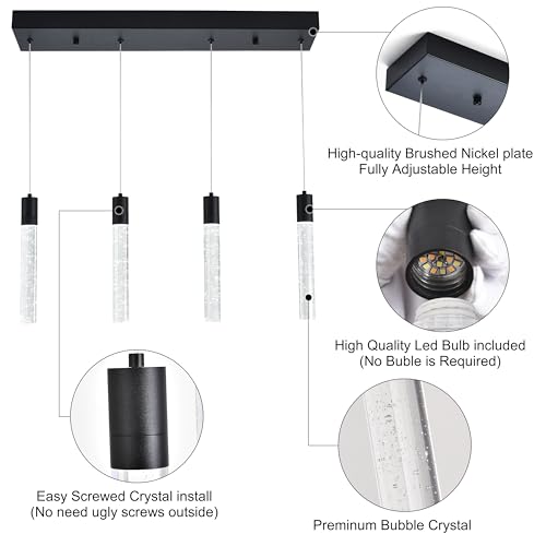 Image of 4 Light Pendant Lights Kitchen Island, Modern Matte Black Crystal Pendants with Dimmable 3000K-6000K LED Ceiling Hanging Light Fixture for Dining Room Bedroom, Adjustable Height 59 inch