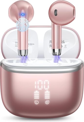 HOIFA Auriculares Inalámbricos Bluetooth,Bluetooth 5.4 con 4 HD Mic，50H Cascos Inalambricos Bluetooth,IPX7 Impermeable/Micrófono Estéreo ENC HD/Pantalla LED para iOS/Android,2025,Rosa