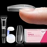 Beetles Tipex Gel Nail Kit with 224Pcs 16Sizes Medium Coffin Apex Nail Tips C Curved , Pre-building Acrylic Nails with Tipex Nail Glue，Mini Nail Lamp, Nail File for DIY Nails or Salon Use