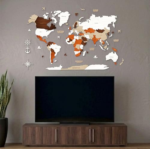 Image of AD INFINITUM 3D Wooden Map of The World | Home Decor | Office Decor | A great gift for travelers | Wall decor Country names with Borders (Multicolor Multilayer, 4x3 Feet, WORLD MAP)