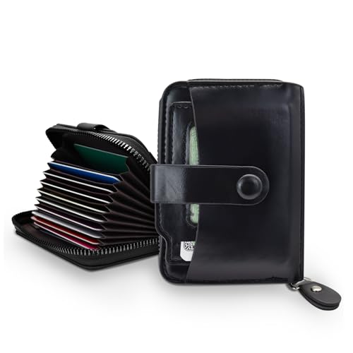 Credit Card Wallet, Minimalist PU Leather Mens Wallet with Zipper Card Case with 9 Card Slots 2 Cash Slots (Black)