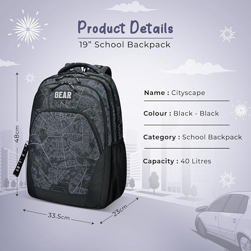 Image of Gear Cityscape 19 inch /40L Large Water Resistant School Bag | Casual Backpack | Daypack | Travel Backpack | Kids Bag for Boys /Girls (Black - Black)