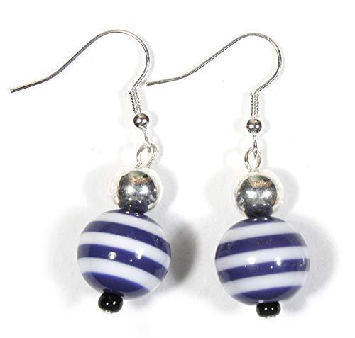 Navy Lover, Dark Navy Blue Striped Earrings on Silvertone French Wires