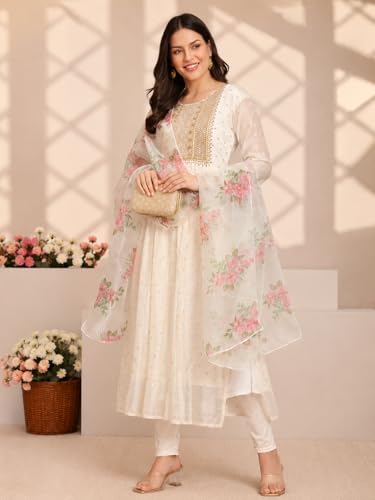 Image of Women's Chanderi Kurta with Legging and Dupatta | Modern & Traditional Blend Ethnic Wear Set | Festive & Casual Summer Kurti with Pants for Party Office & Ethnic Occasions