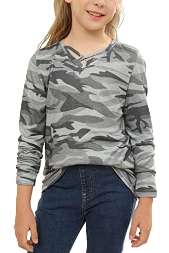 Image of Girls Camouflage Stripe Short Sleeve Shirts V Neck Criss Cross Tees Sweat Kids Casual Sport Tops Blouse（4-15T）