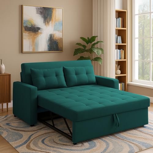 Image of Casaliving Treshta 2 Seater Pull-Out Premium Fabric Sofa Cum Bed Sofa Set for Living Room (Pine Fabric Color) Premium Fabric Sofa Set for Living Room Hall