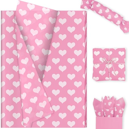60 Sheets Love Heart Tissue Paper, 20x14 Inches Valentine's Day Red White Heart Printed Wrapping Tissue Love Decorative Art Tissue for Wedding Anniversary Party Decor (Pink)