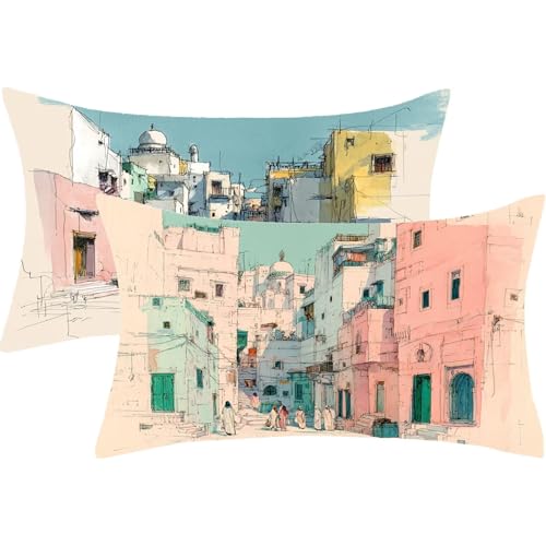 Syiboo Housse Coussin 80x100cm Grand Coussin Canape Paysage Lot de 2 Taie Oreiller Petite Ville Double Face Imprimé Velours Coussins Decoratif avec Fermeture à Glissière Invisible, Deco Automne, J344