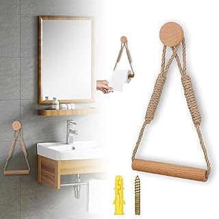 XGUOGE Toilet Roll Holder Self Adhesive Hemp Rope Toilet Paper Holder Wall Hanging Toilet Paper Holder Vintage Towel Storage Rack Rope Wooden Toilet Paper Holder for Bathroom Toilet Kitchen Decor