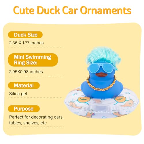 wonuu Car Rubber Duck Decoration, Color Hair Duck Car Dashboard Duck Ornaments Accessories with Mini Swim Ring and Sunglasses Fashion Hair, B_Blue duck blue hair&glasses clear ring