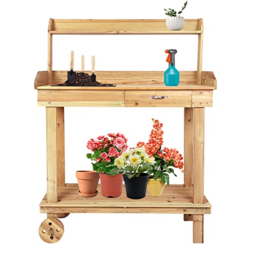 Vilobos Outdoor Garden Potting Bench Table with Removable Sink Gardening Work Bench with Drawer Shelves Hooks on Wheels