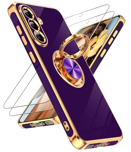 LeYi for Galaxy A36-5G Case: with 2 Pack Tempered Glass Screen Protector and 360° Rotatable Ring Holder Magnetic Ring, Plating Rose Gold Edge Protective A36 5G Case, Deep Purple
