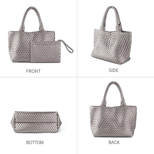 Image of Woven Tote Bag for Women Vegan Leather Handwoven Bags with Small Purse