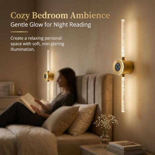 Image of Battery Operated Wall Sconces Set of 2, 8000mAh Rechargeable Wall Lights with Touch /Remote Control, Gold LED 360Rotate Wireless Wall Scone for Living Room,Bedroom,Hallway, 22.5 Inch