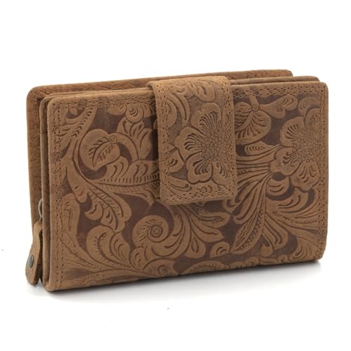 ekavale Damen Geldbörse aus Leder mit RFID-Schutz, Geldbeutel für Moderne Frauen Blüten Muster (Braun)