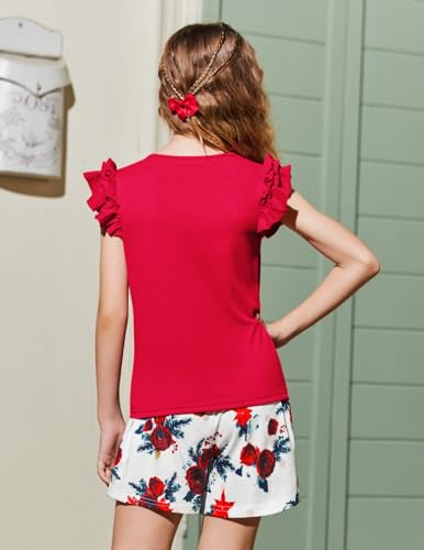 Image of Arshiner Teenage Girl Clothes Two Piece Summer Outfits Short Sleeve Shirts and High Waist Paper Bag Short Set,13-14 Years, Red-flower