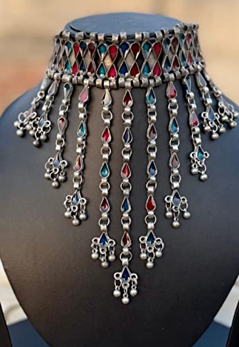 Indian Antique Silver Oxidized Fashion Bollywood Ethnic Mirror Boho Gypsy Banjara Tribal Statement Choker Thread Necklace Jewelry4