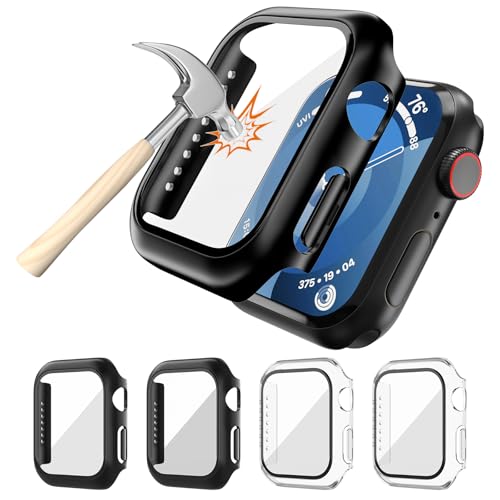 4 Stück Schutzhülle für Apple Watch SE2/SE/6/5/4 44mm Displayschutz, Hart-PC Schutz Hülle mit Gehärtetem Glas Kompatibel mit Apple Watch SE2 SE Series 6 Series 5 Series 4 (2 Schwarz & 2 Transparent)