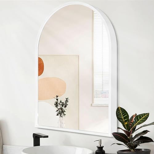 Image of Arch Wall Mirror Bathroom Mirror White Metal Framed Mirror, Arched Metal Wall Mounted Vanity Mirror for Bedroom, Entryway, Living Room 26 inchx18 inch