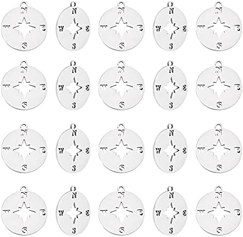 UNICRAFTALE 20pcs Flat Round Compass Charms 201 Stainless Steel Pendant Steel Color Flat Round Charms for DIY Necklace Bracelet Making Hole 1.4mm