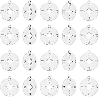 UNICRAFTALE 20pcs Flat Round Compass Charms 201 Stainless Steel Pendant Steel Color Flat Round Charms for DIY Necklace Bracelet Making Hole 1.4mm