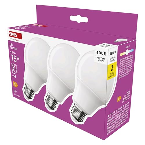 EMOS LED Lampe A60-Birne 3er Pack, 9,5W Ersatz für 75W Glühbirne, klassische Birne mit E27 Sockel, Helligkeit 1055 lm, Neutralweiß 4000 K, 30000 h Lebensdauer, CRI min. 80, 180° Abstrahlwinkel