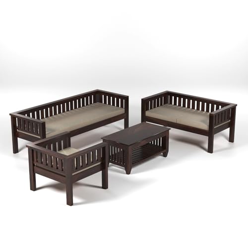 Image of Sheesham Wood 6 Seater Low Height Sofa Set for Living Room Wooden Sofa Set for Living Room Furniture | Beige Cushion (3+2+1, Walnut Finish)
