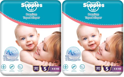 Image of Amazon Brand - Supples Premium Small Taped Diapers | Derma Tested, Extra Soft, High Absorbency with Wetness Indicator & Umbilical Cut Design, 12 Hrs Absorption | Small | 4-8 Kg | 64 Count (Pack of 2)