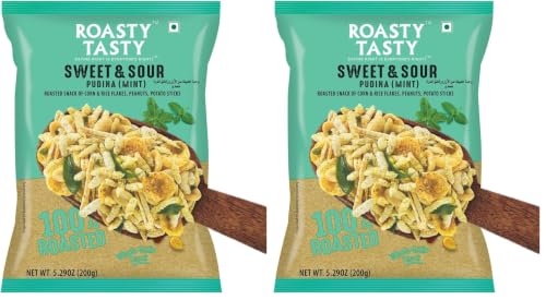 Image of Roasty Tasty Roasted Sweet & Sour Mixture | Pudina | Healthy Snacks | Roasted Namkeen | Best Indian Tea Snack | Chivda | Namkeen Snacks | Diet Chiwda | Guilt Free | 200g (Pack of 4)