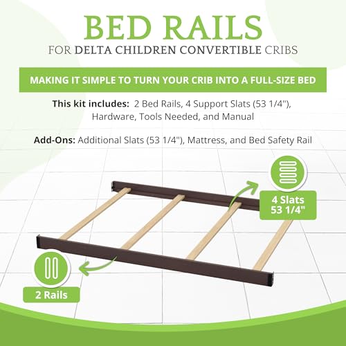 Image of Full-Size Conversion Kit Bed Rails Compatible with Delta Children Convertible Cribs - Solid Wood Rail #0050 - Toddler and Adult Bed Rail for Full-Size Beds - Baby Furniture (Chocolate - 204)