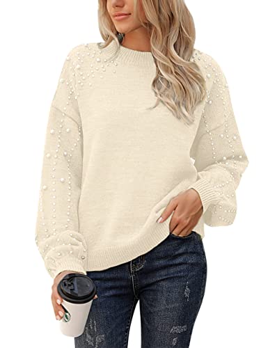 Image of Blooming Jelly Women's Chunky Sweater Crewneck Sweatshirt Knit Lantern Sleeve Oversized Pullover Sweater with Pearls
