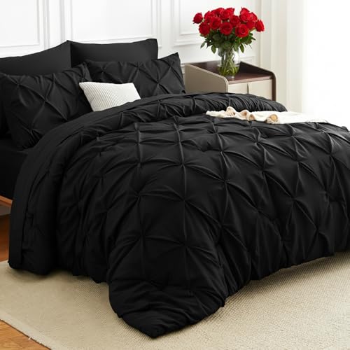 HIMEET Queen Comforter Set 7 Pieces Bed in A Bag Black Luxury Soft Queen Size Bed Set Pintuck Pinch Pleat Bedding Sets with Comforter, Flat Sheet, Fitted Sheet and Pillowcases & Shams