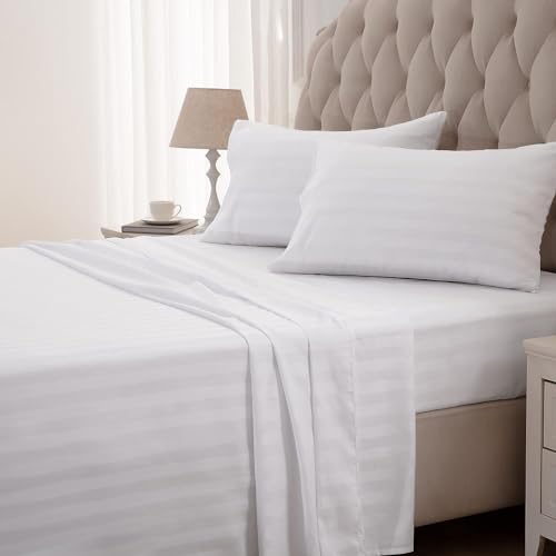 Image of 100% Cotton Premium Double Size Bedsheet with 2 Pillow Covers | Ultra-Soft, Breathable, Hotel-Quality Fabric | Elegant Collection for Bedroom Decor (White Striped)