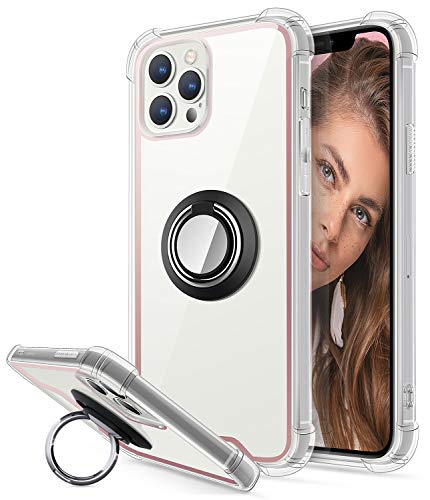 ACALANTHA Ring Holder Series Designed Case for iPhone 12 Pro Max, Glitter Electroplating Mirror Edge Clear Protective Cover Work with Magnetic Car Phone Mount (Rose Gold)