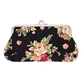 HOMSFOU Cartera Larga Vintage para Mujer, Monedero de Lona Negra Cierre de Broche Floral Bordado, Diseño Patrón de Rosas, Bolso de Mano Retro para Uso Diario y Obsequio