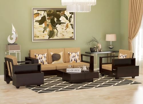 Image of Sheesham Wood 5 Seater Sofa Set with 2 Drawer Storage | 3+1+1 Wooden Sofa Set Furniture for Living Room Home Office (3+1+1 Seater,Walnut)