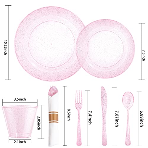 Dayammi 350 Pieces Rose Gold Glitter Dinnerware Set 50 Guest For Party- 50 Pink Plastic Dinner Plates, 50 Dessert Plates- 50 Per Rolled Napkins With Rose Gold Glitter Cutlery - 50 Disposable Cups 9 Oz #TOP5