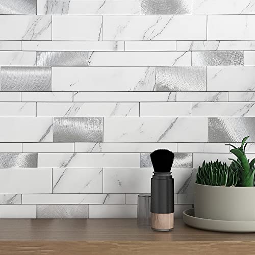 VAOVI Marble Effect Self Adhesive Linear Wall Tiles Metro Brick Stone Tiles,Waterproof Bathroom Wall Panels Matt Heat Resistant Fireplace Peel and Stick Mosaic(White Silver,10sheets)