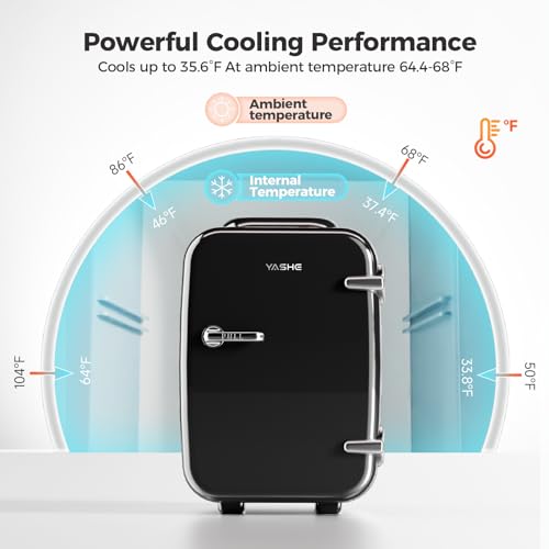 Image of YASHE Mini Fridge, 4 Liter /6 Can Mini Makeup Fridge, 110V AC / 12V DC Portable Thermoelectric Cooler&Warmer for Skincare, Drink, Cosmetic, Medicine, Small fridge for Bedroom, Office, Dorm, Car, Black