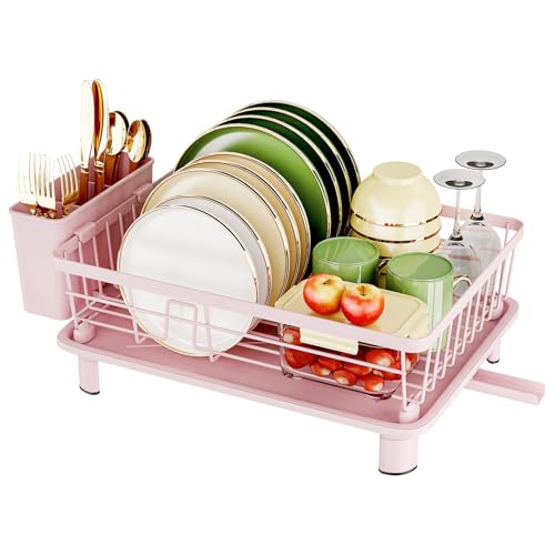 GHERISN Dish Drainer Rack with Drip Tray, Sink Dish Drainer with Drainage Spout, Stainless Steel Dish Drying Rack with Cups, Utensil & Cutting Board Holders for Kitchen Counter Space-Saving, Pink