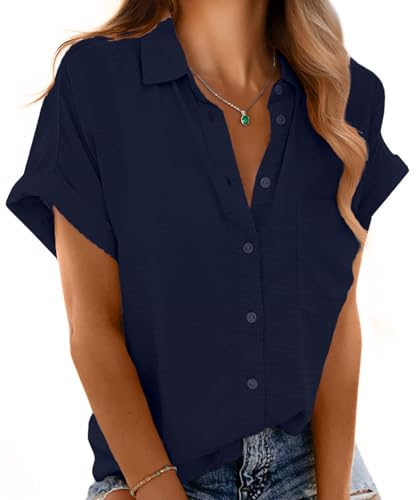 Mintreus Button Up Shirt Women Rolled Cuffed Short Sleeve Blouse Ladies Summer Casual V Neck Beach Tops (Navy Blue-L)