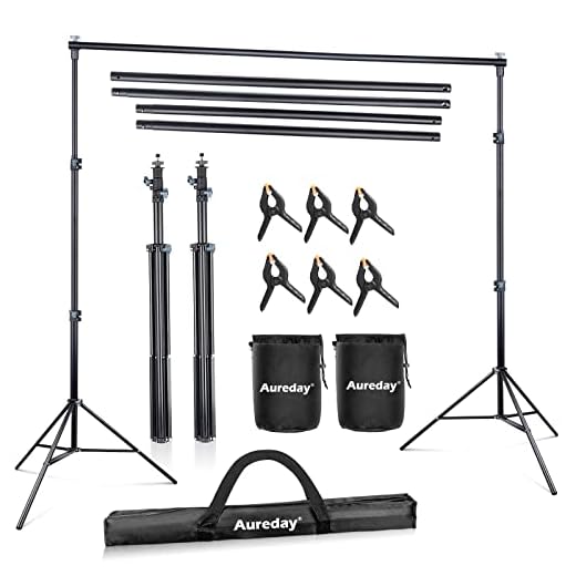 Aureday Backdrop Stand, 8.5x10ft Adjustable Photo Backdrop Stand for Parties, Heavy Duty Background Stand with Travel Bag, 6 Backdrop Clamps, 4 Crossbars, 2 Sandbags for Wedding/Decorations/Photoshoot